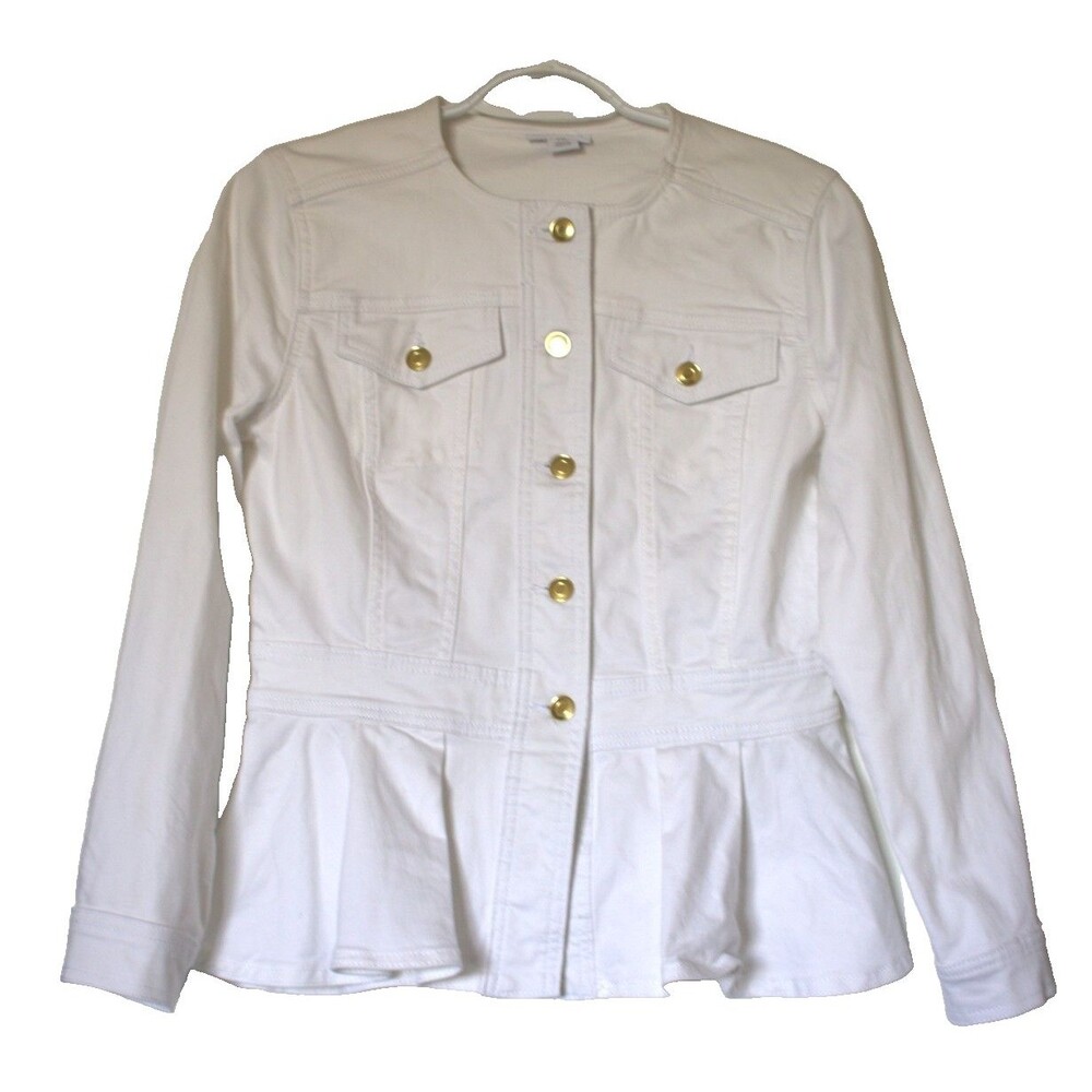Liz Claiborne Peplum Jacket White Stretch Cotton Gold Buttons Size PMed